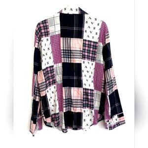 VICTORIA'S SECRET VS Logo Soft Plaid Patchwork Button Down Pajama Shirt Sz L